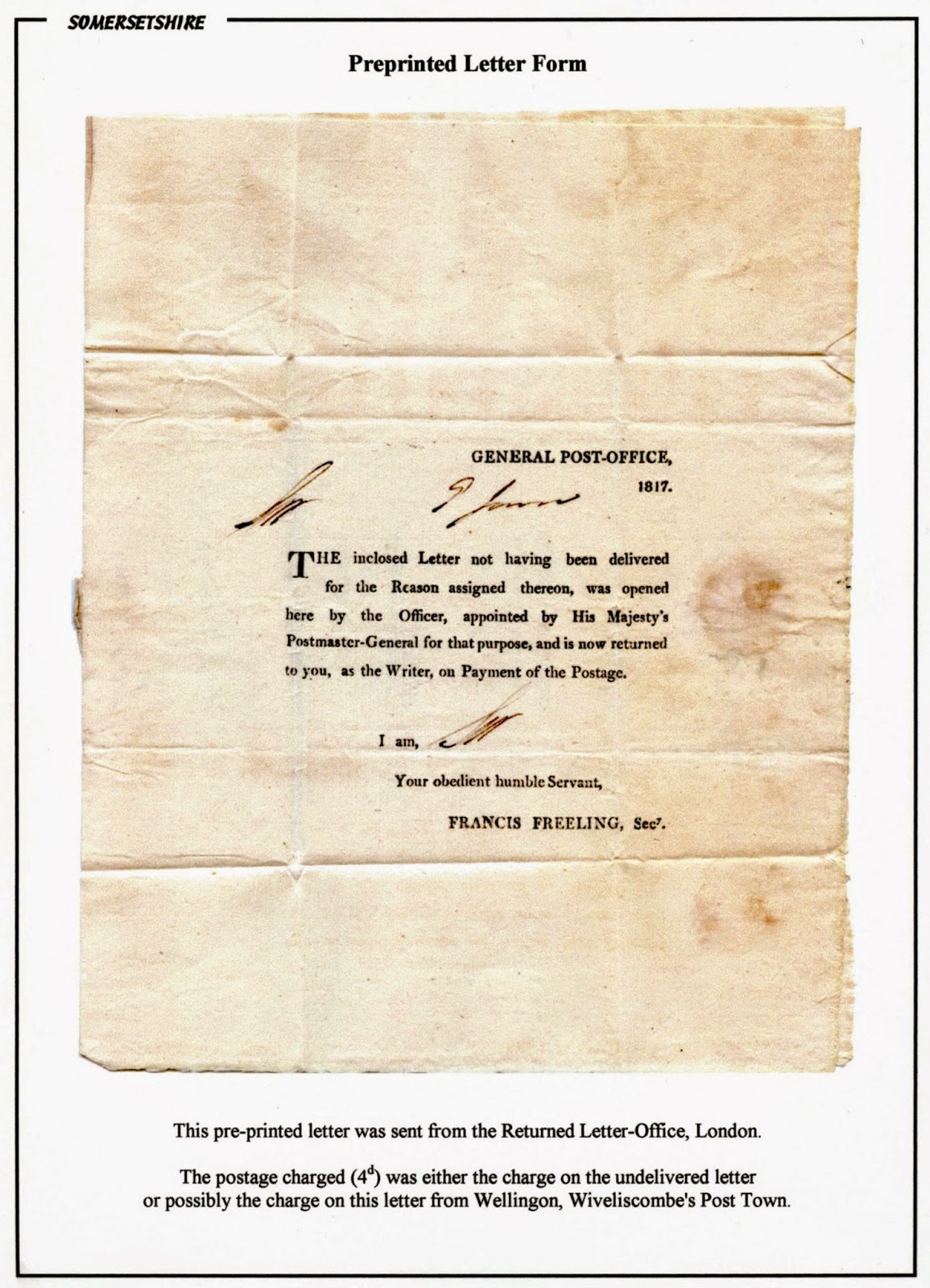 Somerset (& Bristol) Postal History Returned Letter Office, 1817