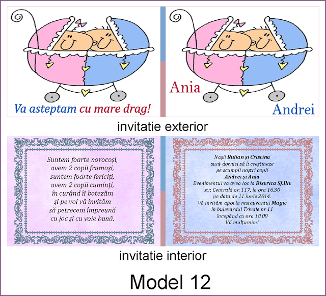 invitatii botez fara foto gemeni carte postala dubla