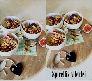 Milchreis mit Nüssen und Apfel als Dessert Milchreis mit karanellisierten Früchten und Nüssen