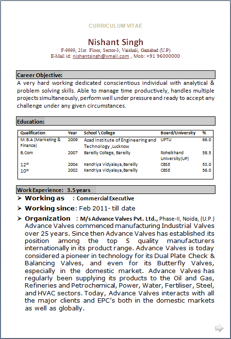 Resume format for mba fresher in finance