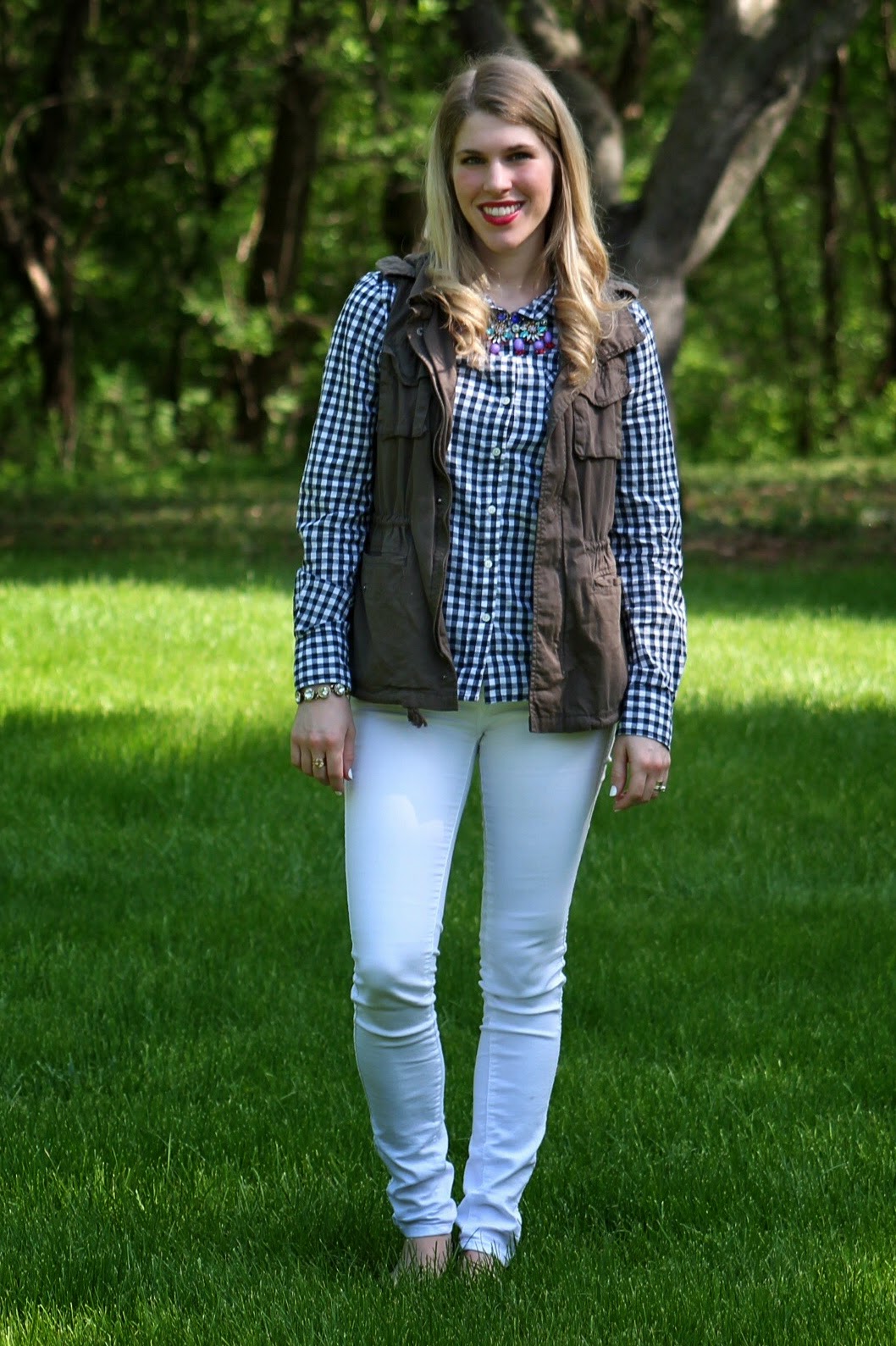 Gingham, White Jeans, and Utility Vest