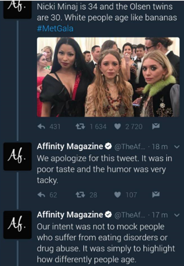 2aa Magazine apologises for insulting the Olsen twins and tweeting that ‘White People Age Like Bananas’ after backlash