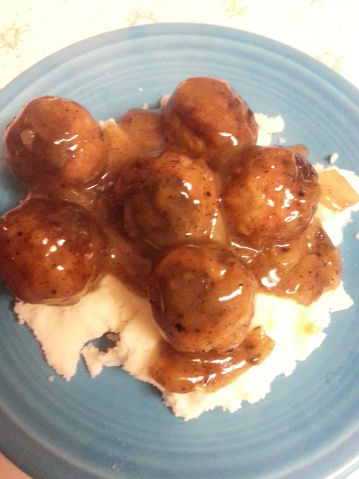 Never in the Kitchen Salisbury steak Meatballs with Gravy and Mashed