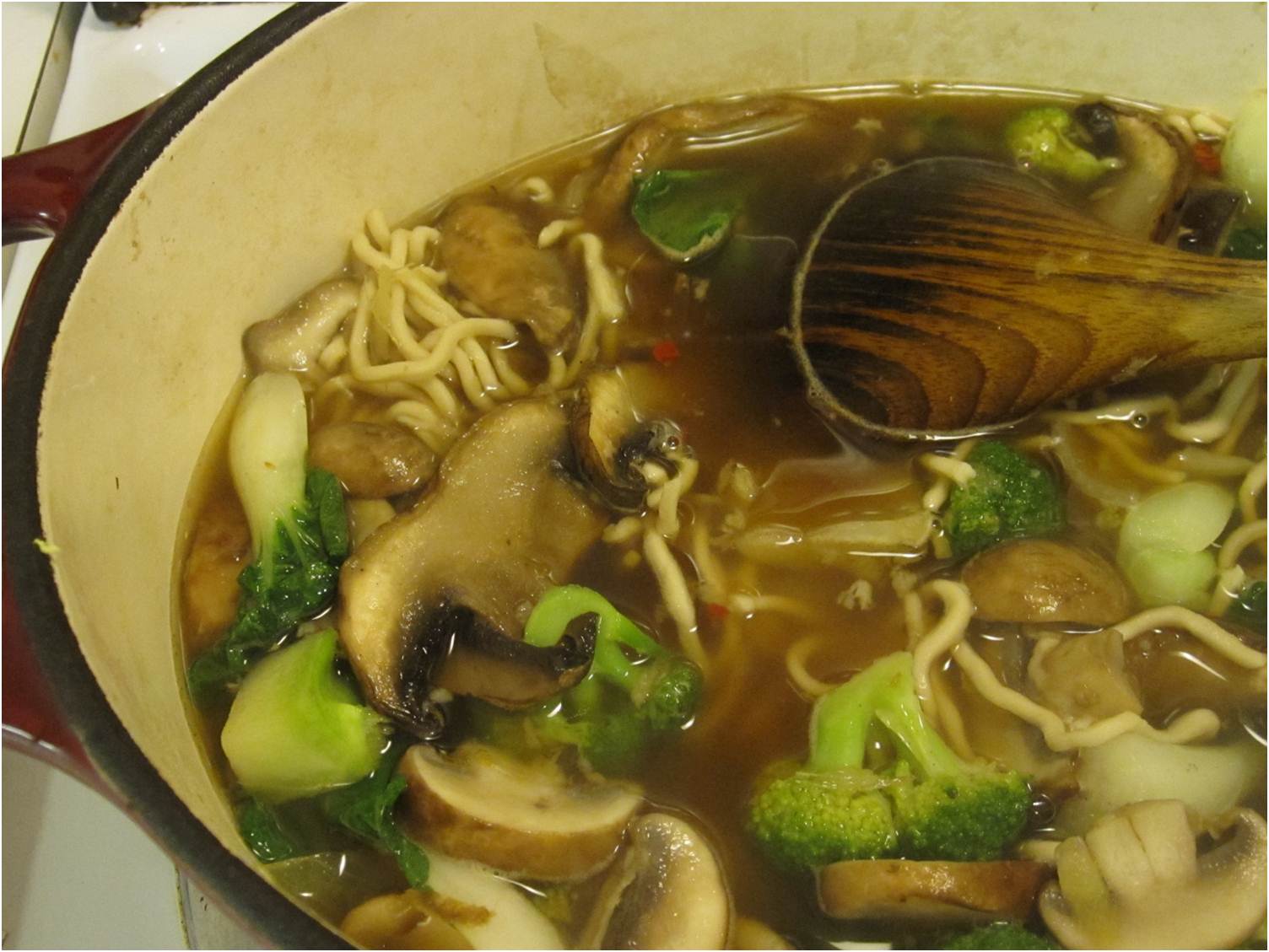 Edible biology Miso soup with tofu, broccoli, bok choy and mushrooms
