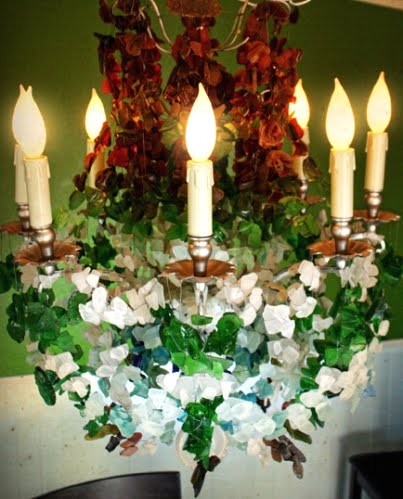 sea glass chandelier made with reclaimed materials