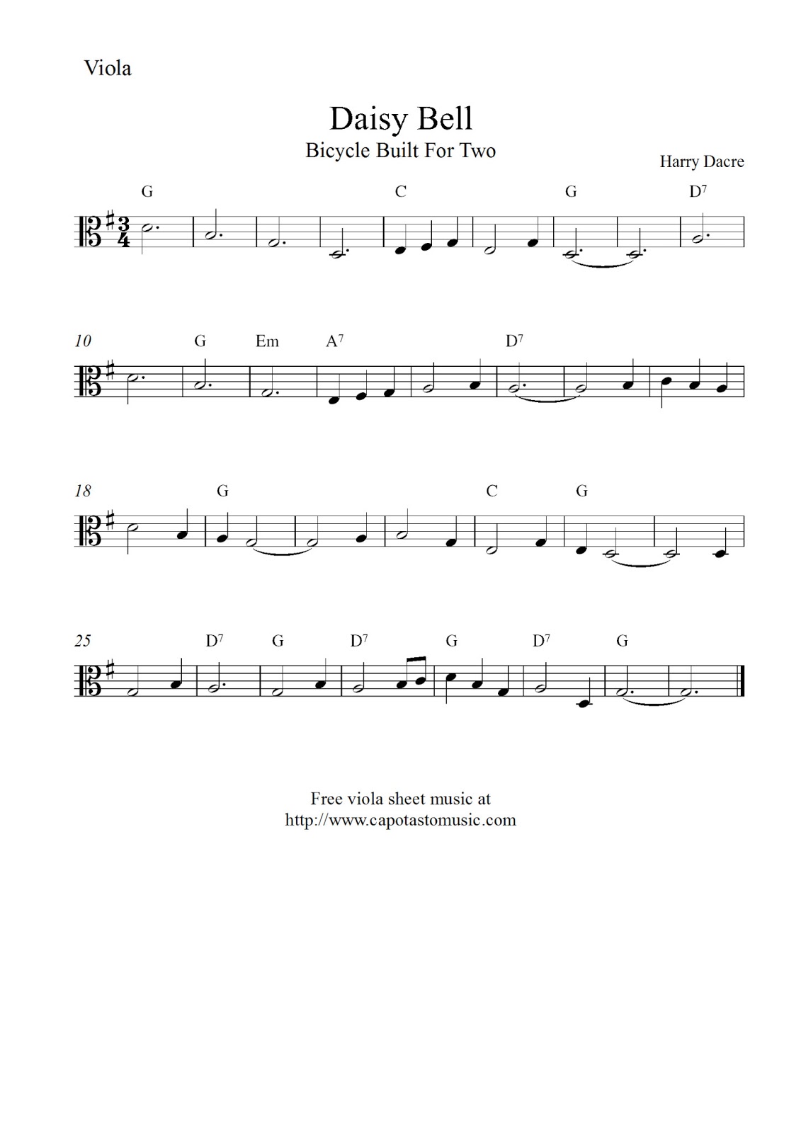 Free easy viola sheet music Daisy Bell