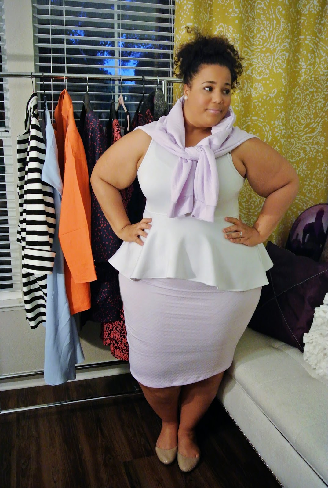 Plus size fashion, boohoo, lavender jacket, lavendar plus size skirt