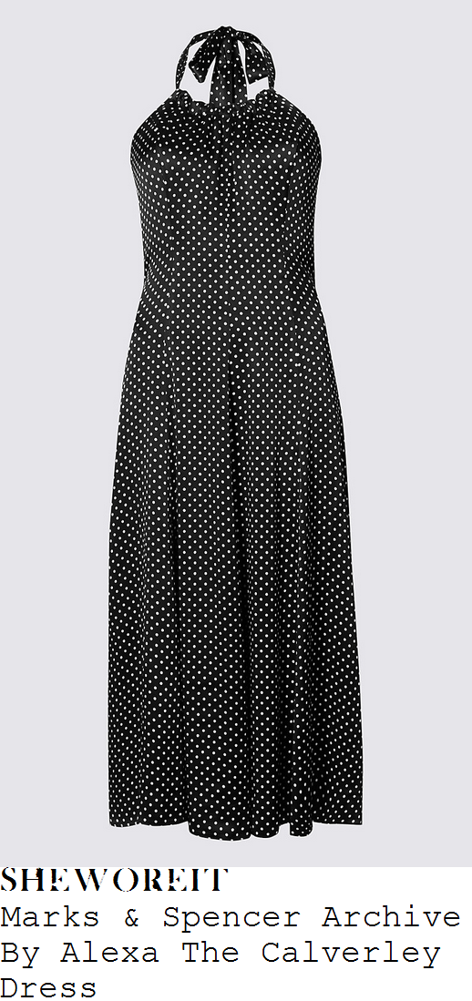 mollie-king-marks-and-spencer-archive-by-alexa-the-calverley-black-and-white-monochrome-polka-dot-print-halterneck-tie-strap-detail-fit-and-flare-dress