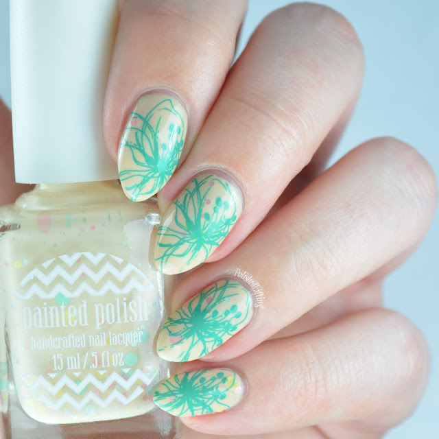 Creme nail polish with floral stamping