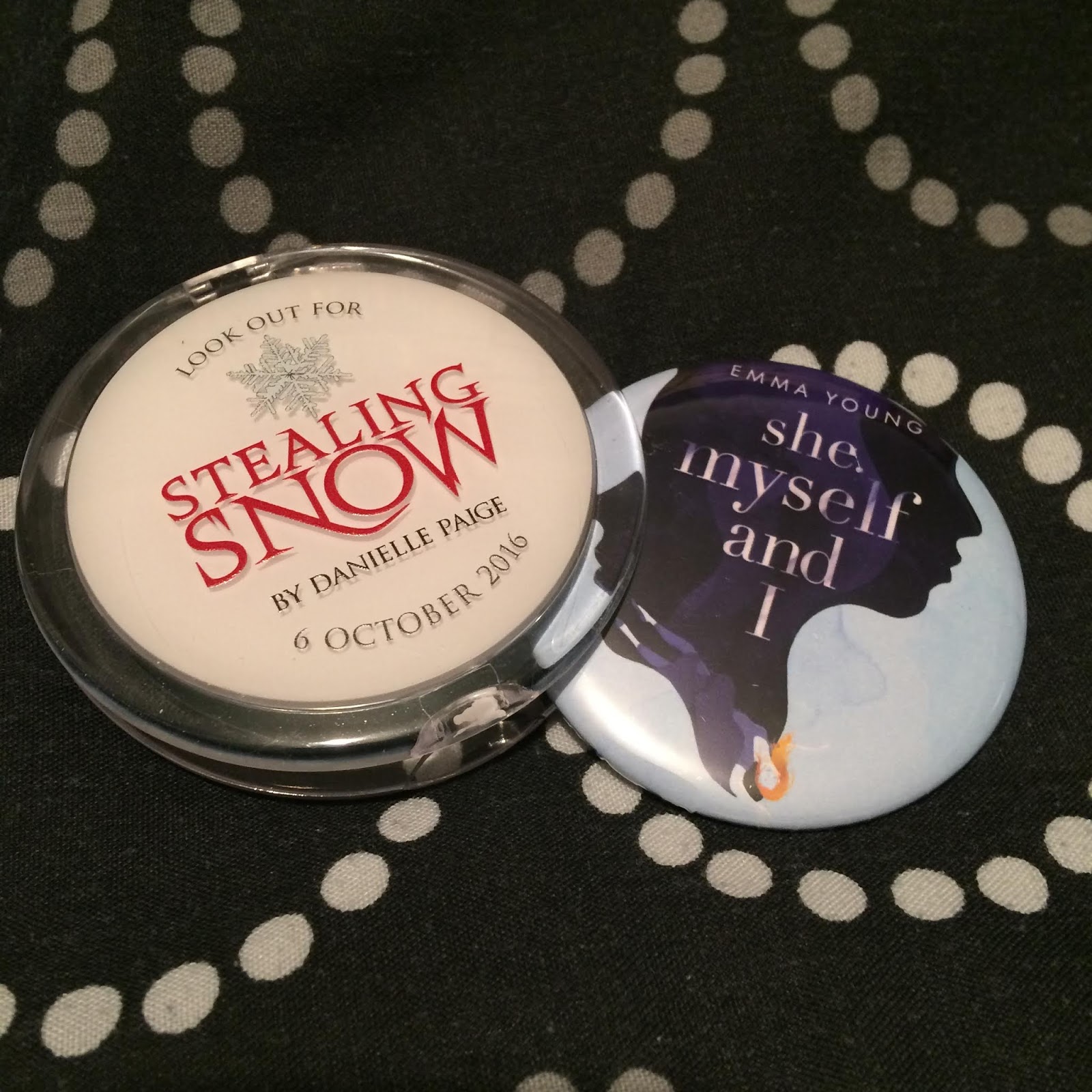 Two mirrors. One compact mirror for stealing snow, and another mirror similar to a badge, but with a mirror on the reverse, for She, Myself and I