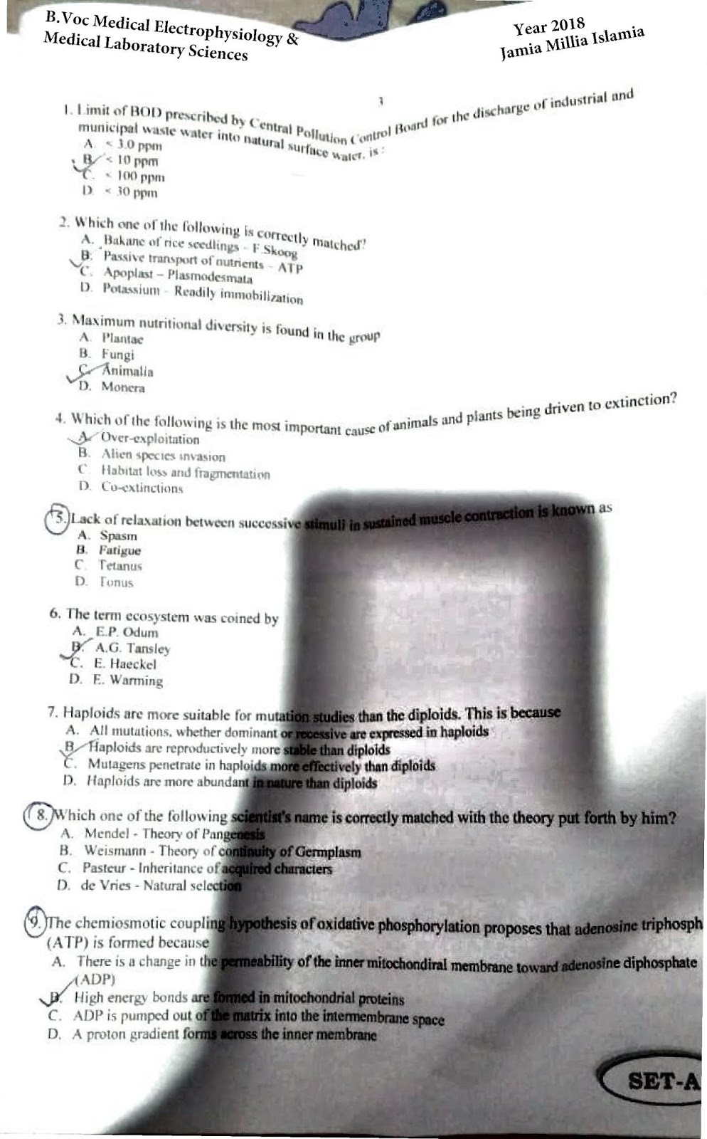 Previous Years Question Paper of Entrance Test of B.Voc Medical