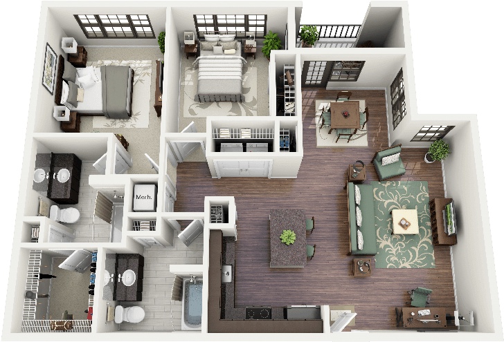 50 3D FLOOR PLANS, LAYOUT DESIGNS FOR 2 BEDROOM HOUSE OR