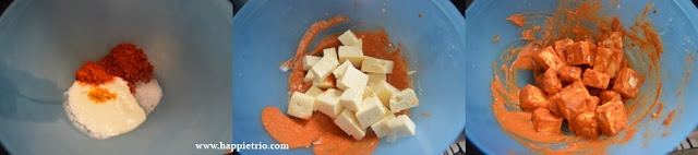 Step 1 - Marinate the Paneer Cubes in spices and yogurt.