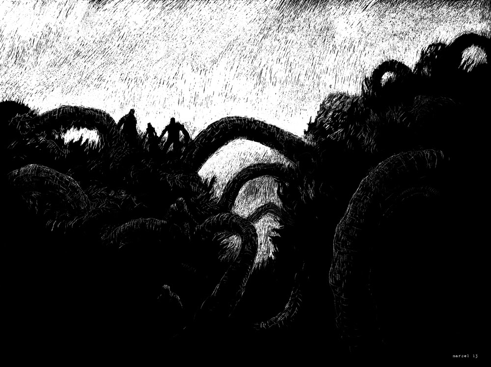 Nate Marcel Scratchboard Giant's wall of