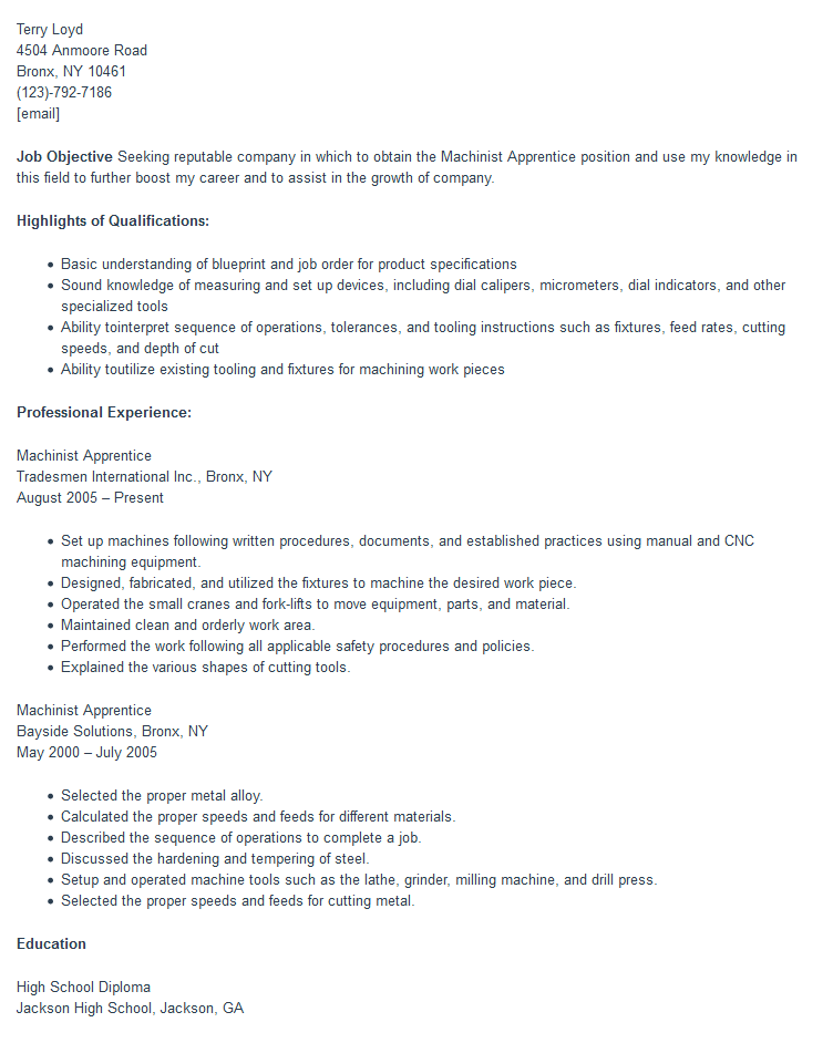 machinist free sample resume resume example free