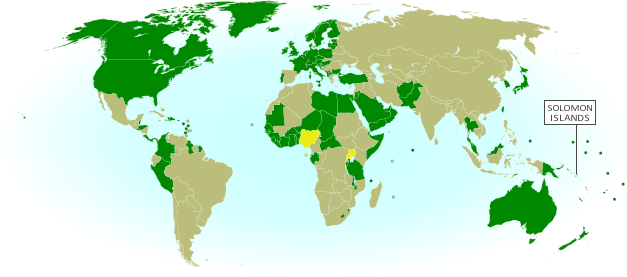 Map of countries that recognize the Republic of Kosovo as an independent state, updated for October 2014, with the most recent addition (Solomon Islands) and disputed recognitions highlighted