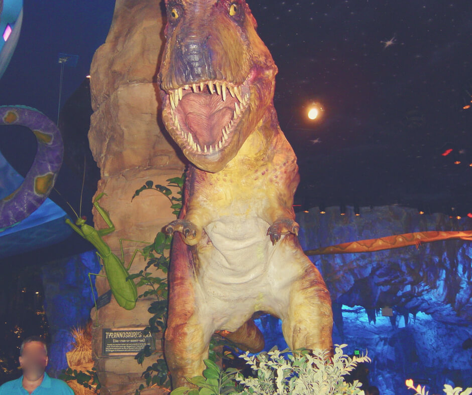 A T Rex model in T Rex restaurant in Disney Springs, Walt Disney World.