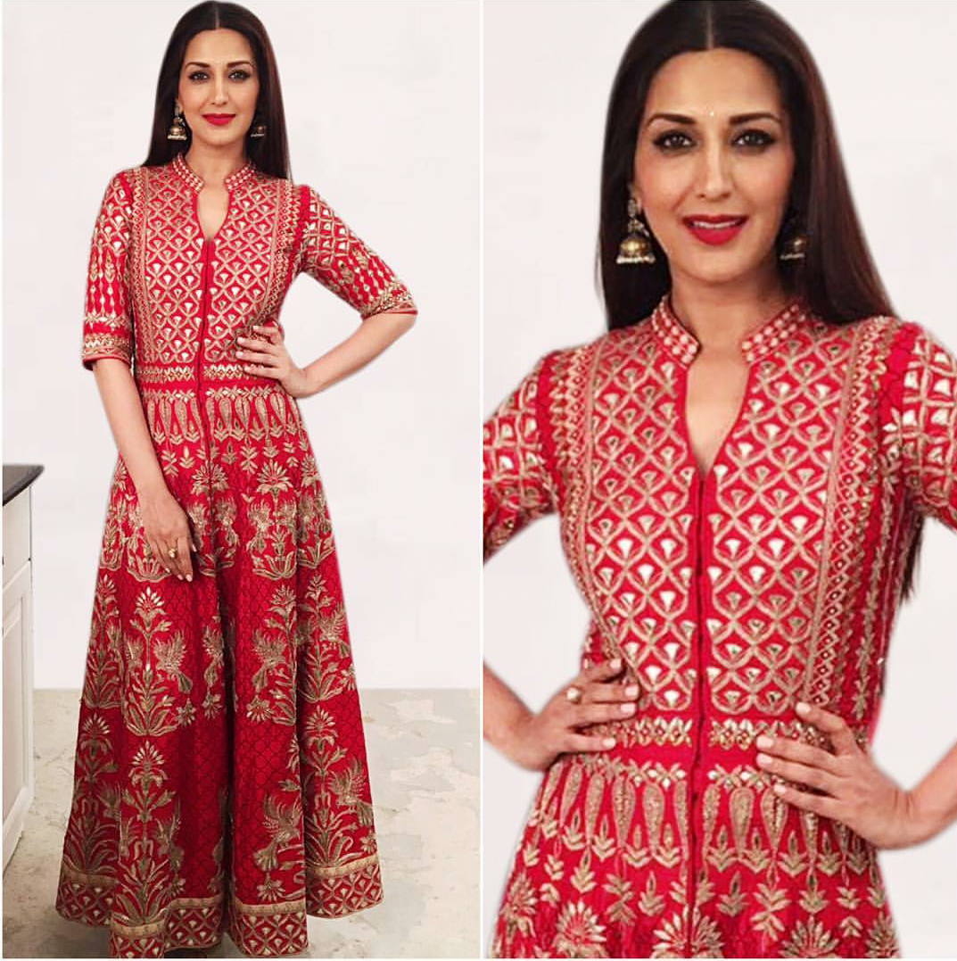 Sonali Bendre In Red Bridal Kurti By Anita Dongre - Thetrendybride ...