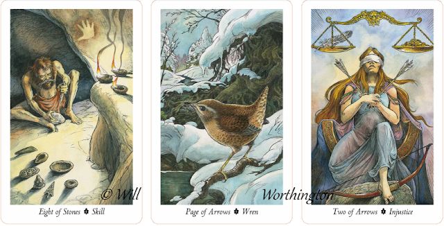 Wildwood Tarot Eight of Stones Page of Arrows Two of Arrows