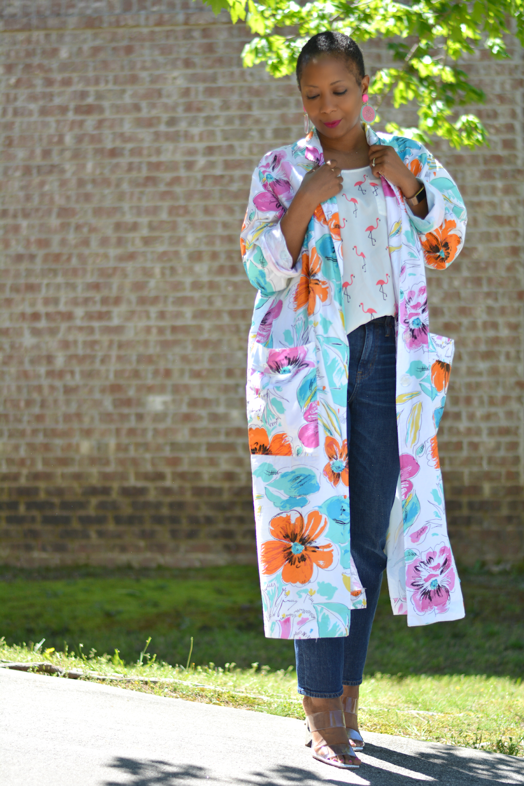 Thrift style featuring a vintage floral 80s duster.