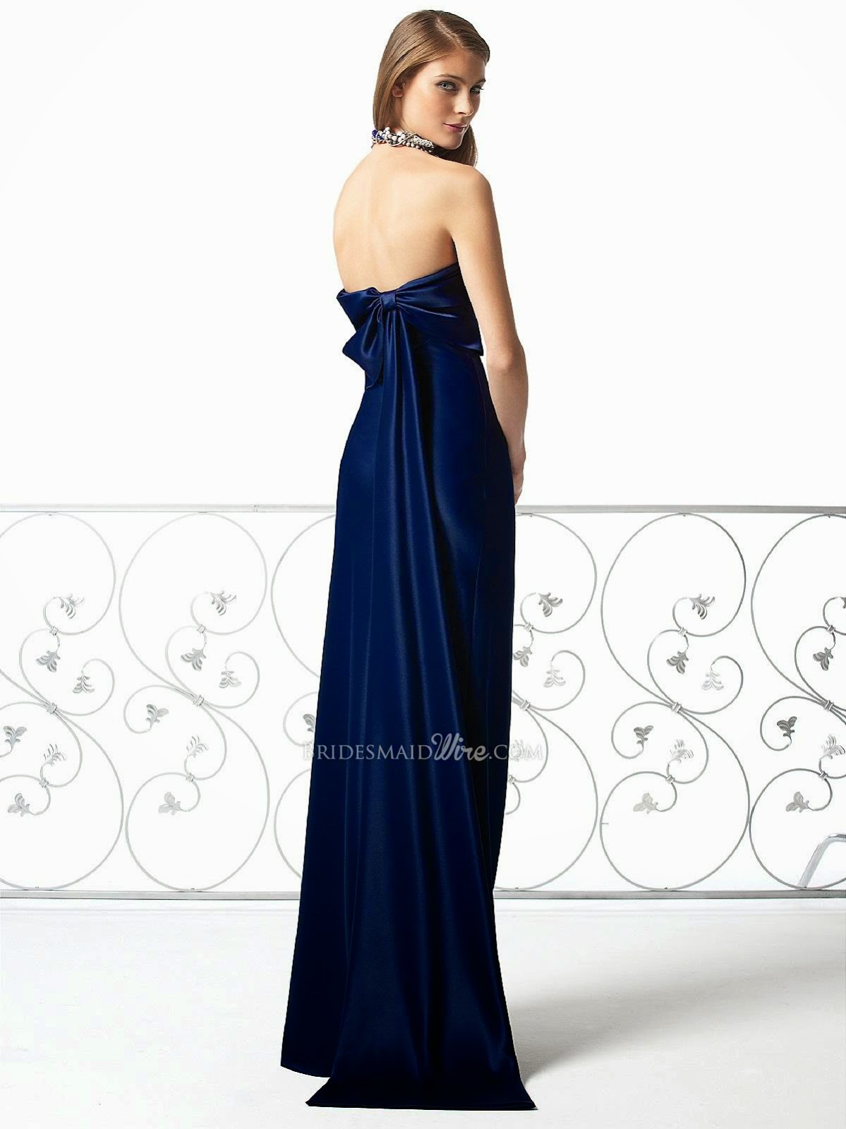 Midnight Satin Strapless Floor Length Bridesmaid Gown Flat Bow-2