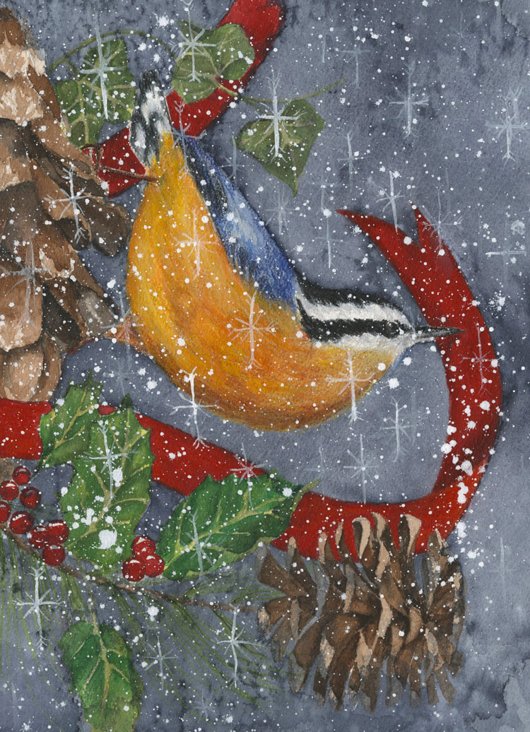A red-breasted nuthatch with a red ribbon and pinecones in the snow wishes everyone Merry Christmas! 