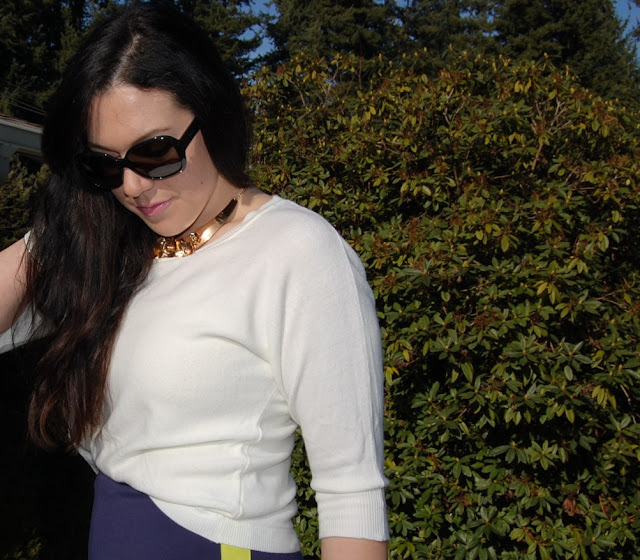 Neoprene pencil skirt with a white Forever 21 sweater and Prada sunglasses