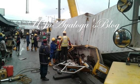 Container falls on two fully loaded commercial buses in Ojota this morning
