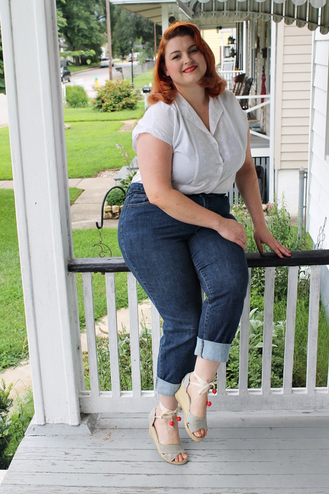 plus size vintage casual style with jeans and pincurls via Va Voom Vintage with Brittany