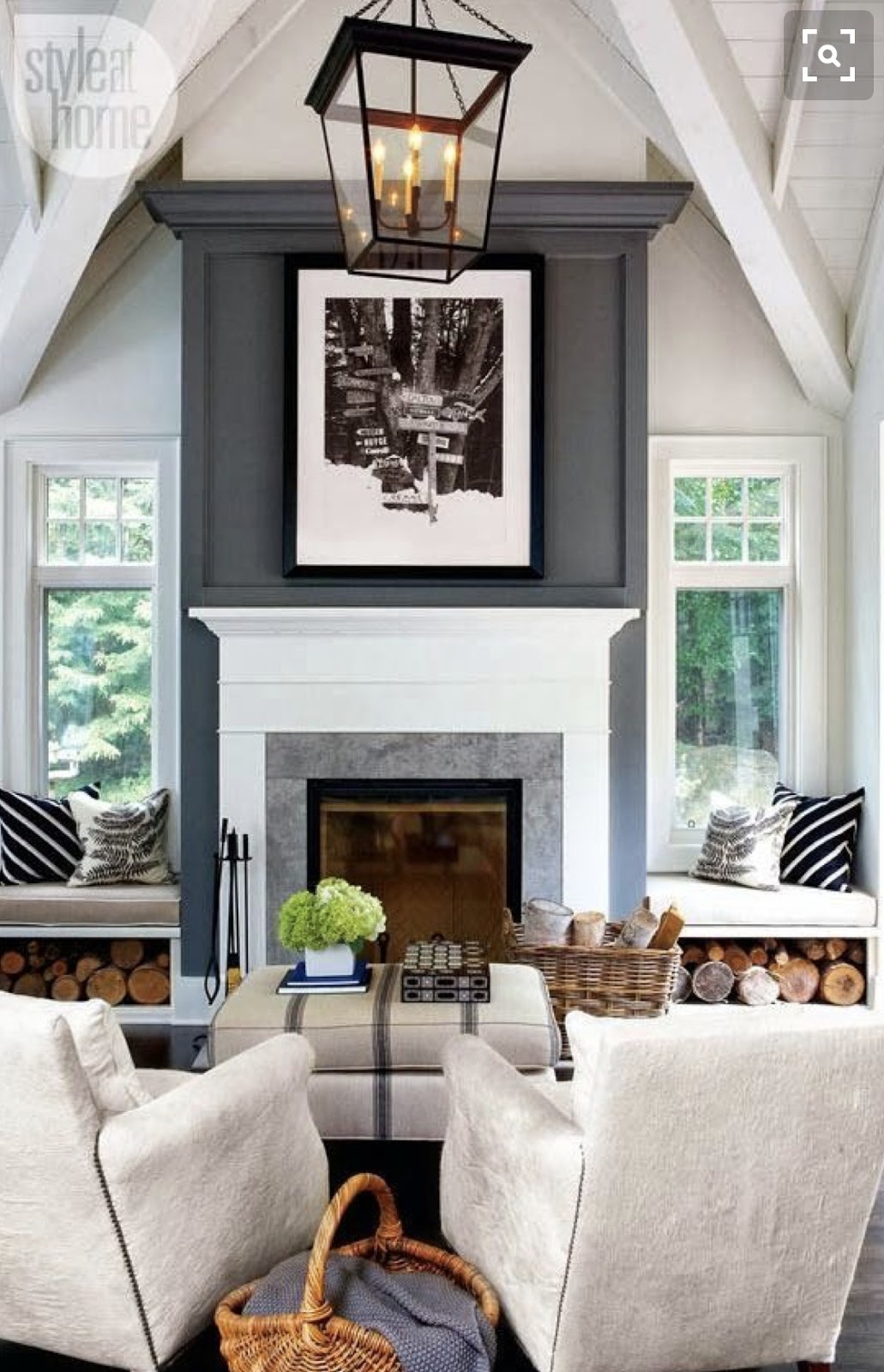 Style at Home family room with dark fireplace