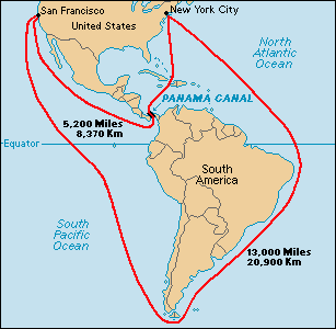 Figure 3: Marine distance between San Francisco and New York with and without Panama Canal