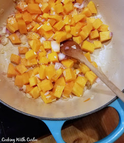 butternut squash and shallots being cooked for risotto