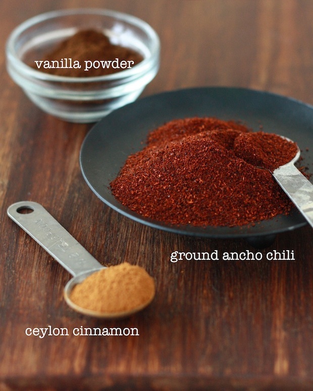 Ground ancho chili pepper, ceylon cinnamon powder, tahitian vanilla powder for dark chocolate truffles