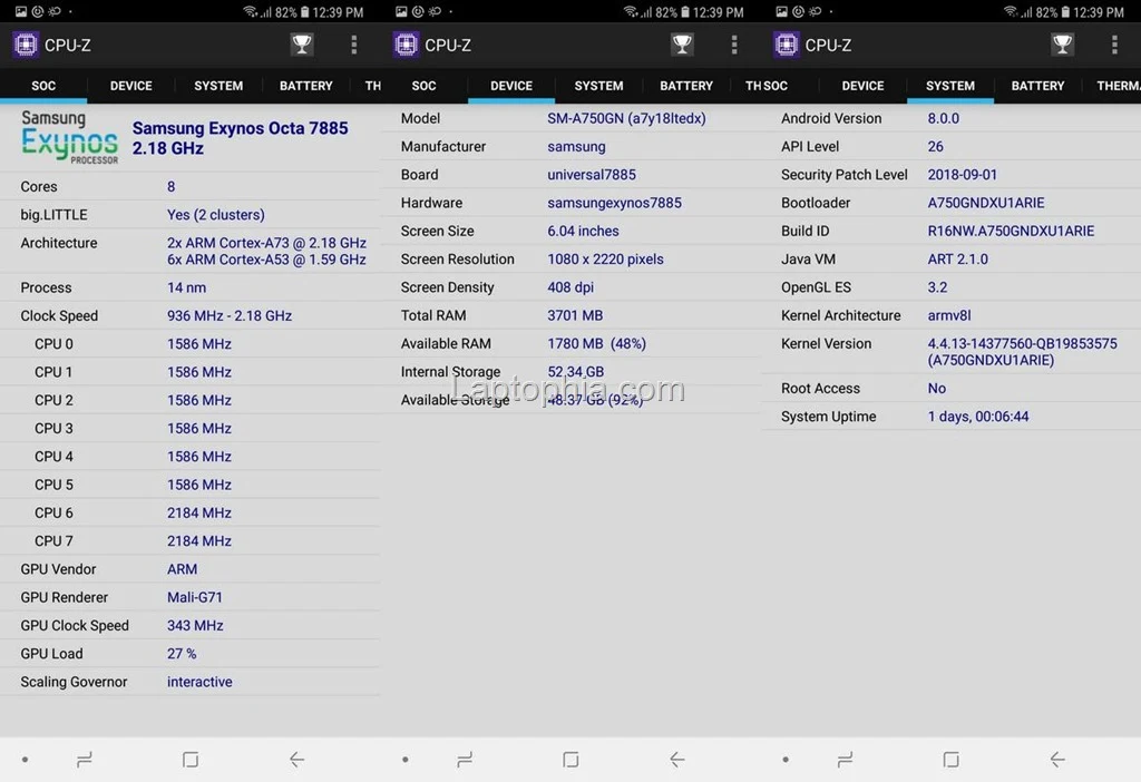 CPU-Z Samsung Galaxy A7 2018