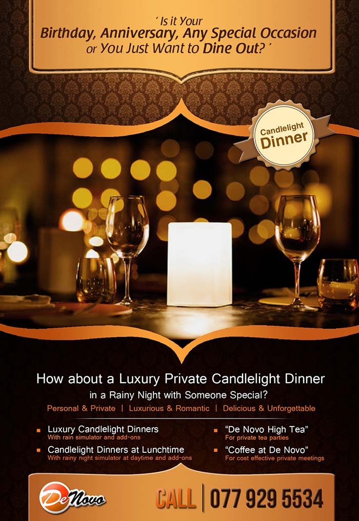 A Romantic Candlelight Dinner at De Novo, Sri Lanka! It's Ideal for Romantic Treats, Birthdays, Anniversaries or just as a Candlelight Dinner with