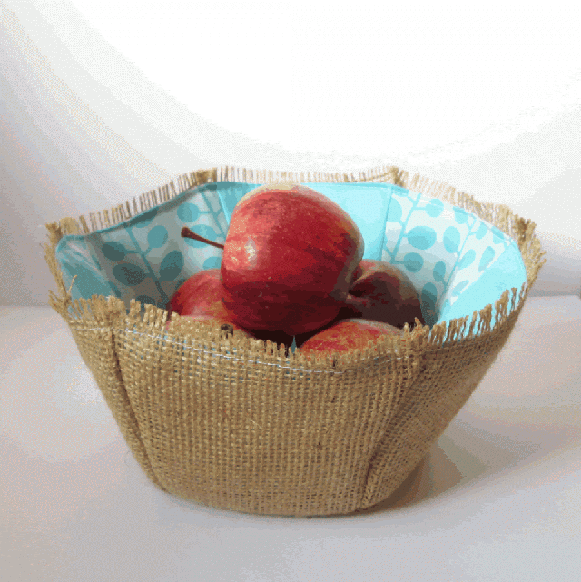How to make a burlap fabric bowl. The unique construction sets it apart from other fabric baskets. Tutorial by Tea and a Sewing Machine