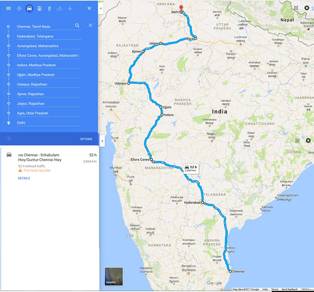 Google map image. Route of Solo bike ride from Chennai to Delhi