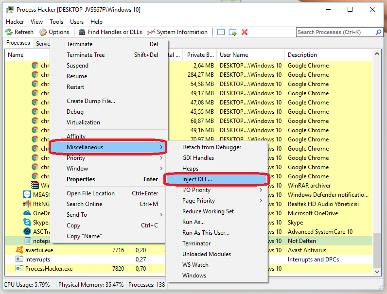 Process Hacker Undetected DLL Injector Suspend Programı