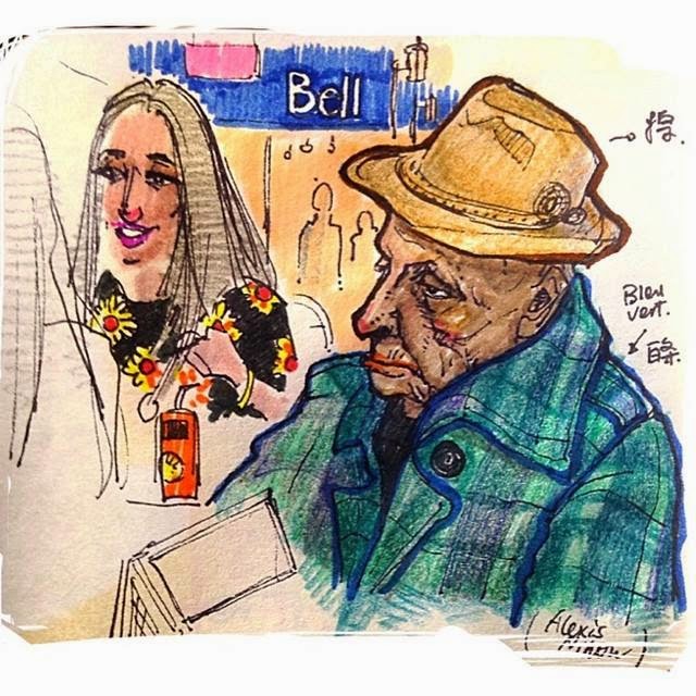 Senior vs Junior at Alexis Nihon Shopping Mall livesketch-portraits-de-Montreal-BenLiu-Bell-Alexis-Nihon-Yound-girl-floral-dress-Senior-guy-with-hat