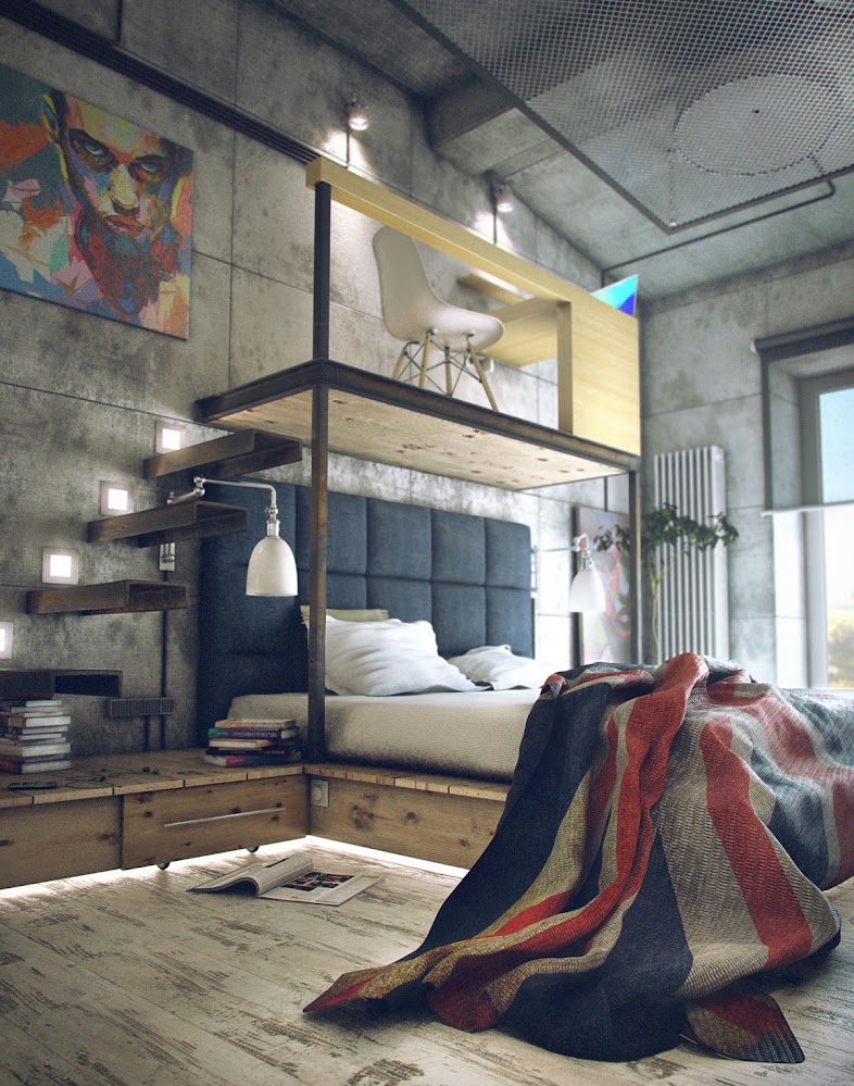 two-ladder-british-bedspread-industrial-bedroom