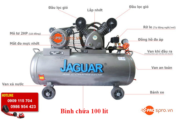 Máy nén khí, máy bơm hơi cho tiệm sửa xe máy chuyên nghiệp May-nen-khi-jaguar-2hp-100lit-EV51H100