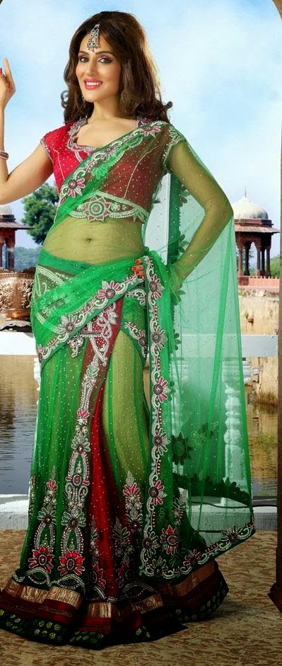 GREEN AND RED NET SAREE