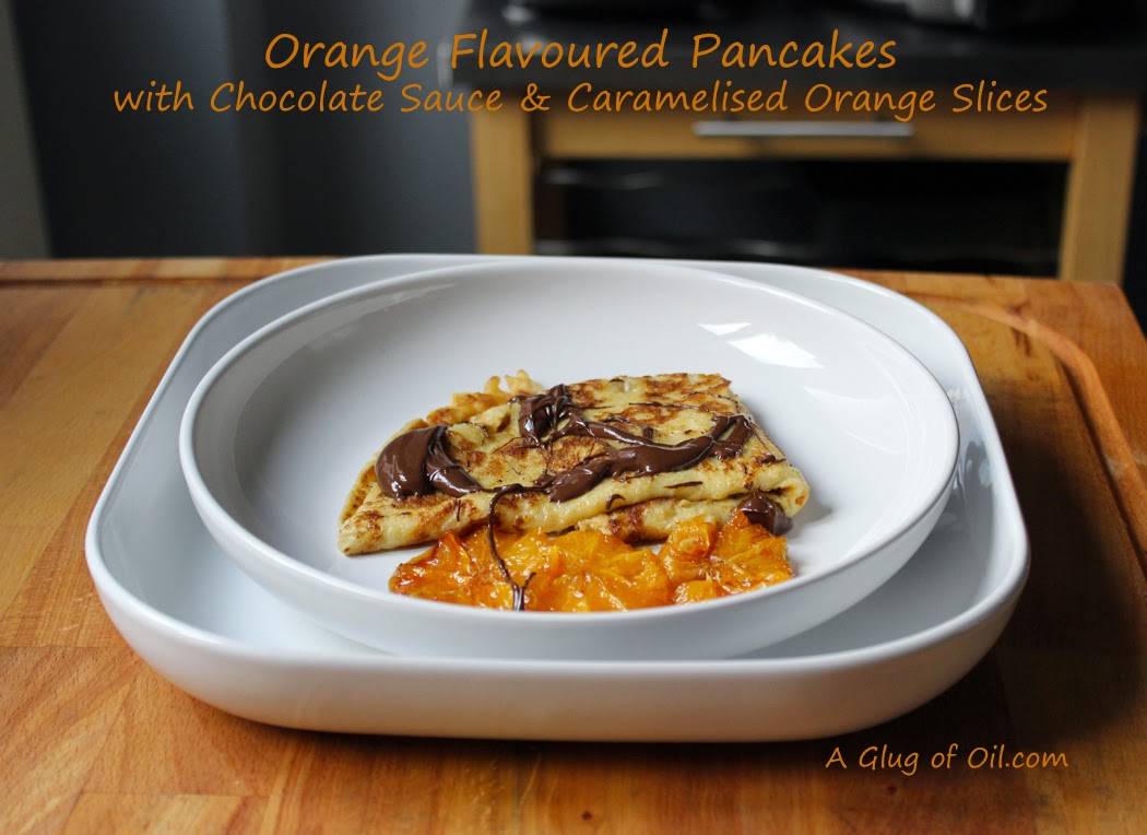 Orange Flavoured Pancakes with Chocolate Sauce and Caramelised Oranges Orange Flavoured Pancakes with Chocolate Sauce and Caramelised Oranges