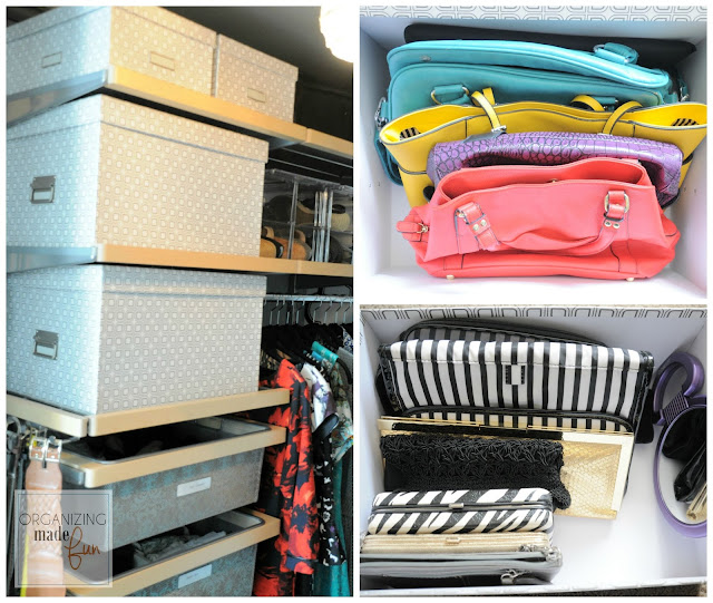 Storing purses and clutches in pretty printed storage boxes from the Container Store :: OrganizingMadeFun.com