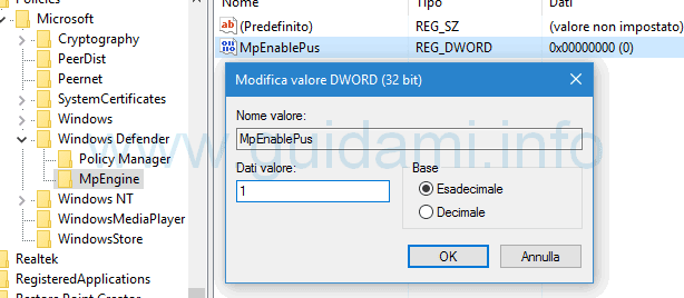 Modifica dati valore MpEnginePus registro sistema