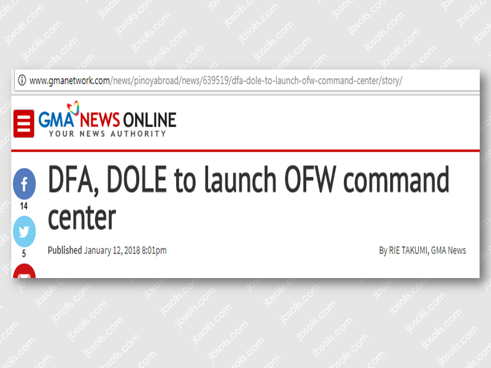 Due to the growing demands to improve government's respond to the needs of the Overseas Filipino Workers (OFW) abroad, the Department of Foreign Affairs (DFA) and Department of Labor and Employment (DOLE) is set to establish a command center that will render assistance to the OFWs in need.    Foreign Affairs Secretary Alan Peter Cayetano said they will also increase the frequencies of their meeting with DOLE and its attached agencies, the Philippine Overseas Employment Administration and Overseas Workers Welfare Administration.  These reforms include the use of the legal assistance fund to hire lawyers to represent OFWs whose employees had them incarcerated.  Sponsored Links  Philippine embassies around the world were also tasked to keep their records of Philippine nationals updated for better response in case of emergencies.  Cayetano added that they are working on foreign relations and human resource with various government agencies to make way for improved employment opportunities in the Philippines and reduce the number of Filipinos forced to seek employment abroad{OR   Source: GMA       Advertisement  Read more:  Did You Apply for OFW ID and Did You Receive This Email? Jobs Abroad Bound For Korea For As Much As P60k Salary  CLICK TO SUBSCRIBE TO OUR YOUTUBE CHANNEL for MORE VIDEOS ABOUT SMALL HOUSE AND HOUSE DESIGN and OFW INFOs  ©2017 THOUGHTSKOTO  www.jbsolis.com   SEARCH JBSOLIS, TYPE KEYWORDS and TITLE OF ARTICLE at the box below