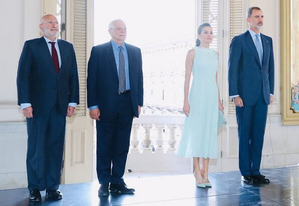 Queen Letizia wore Adolfo Dominguez embroidered cotton dress with belt. Letizia wore a new aquamarine blue midi dress