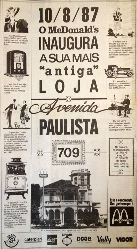 Propaganda antiga do lançamento do McDonald's em antigo casarão da Avenida Paulista
