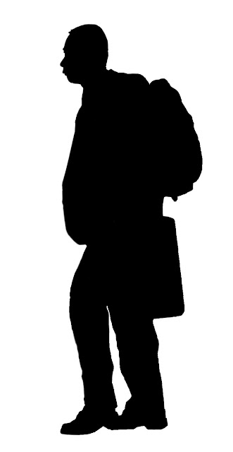 silhouette of man wearing jacket with backpack and briefcase
