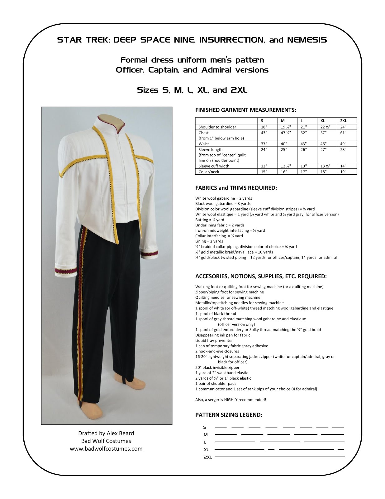 Star Trek: DS9/NEM Men's Formal Uniform Sewing Pattern